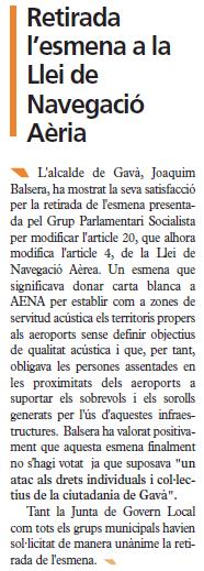 Notcia publicada en l'edici del 10 de desembre de 2009 de la publicaci municipal de Gav (El Bruguers) sobre les gestions de CiU per a la retirada al Senat de l'esmena per modificar la Llei de Navegaci Aria
